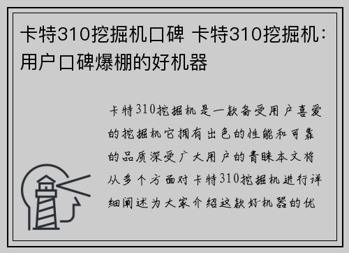 卡特310挖掘机口碑 卡特310挖掘机：用户口碑爆棚的好机器